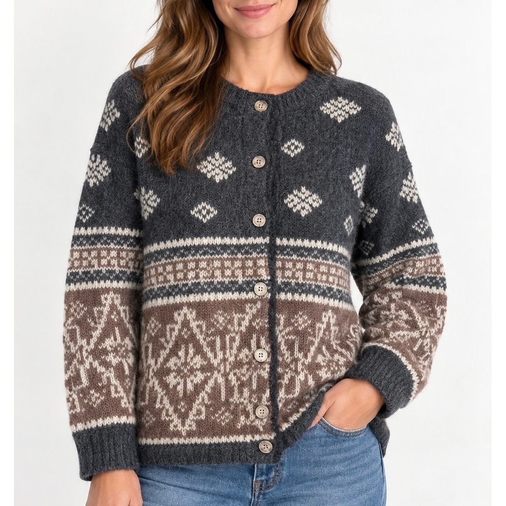 Vintage 90s Eddie Bauer Cardigan Sweater Alpaca Wool Fair Isle Brown large